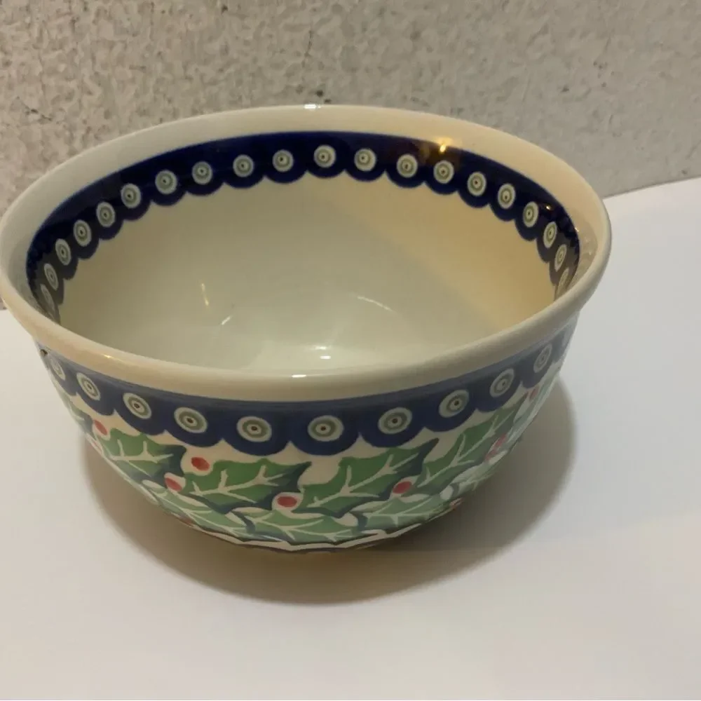 Boleslawiec Polish Pottery Christmas Holly Pinecones Serving Bowl Dish
